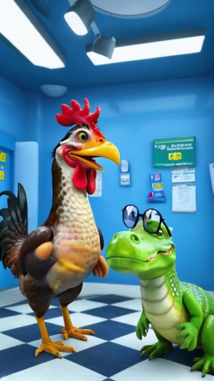 Colorful cartoon chicken wearing a police uniform stands confidently striking a heroic pose pointing with authority at a fidgeting green crocodile in oversized sunglasses eyes wide with anxiety Background filled with vibrant police station features bright blue walls checkered floor playful posters on bulletin board badges shining on the wall overhead fluorescent lights casting a cheerful glow