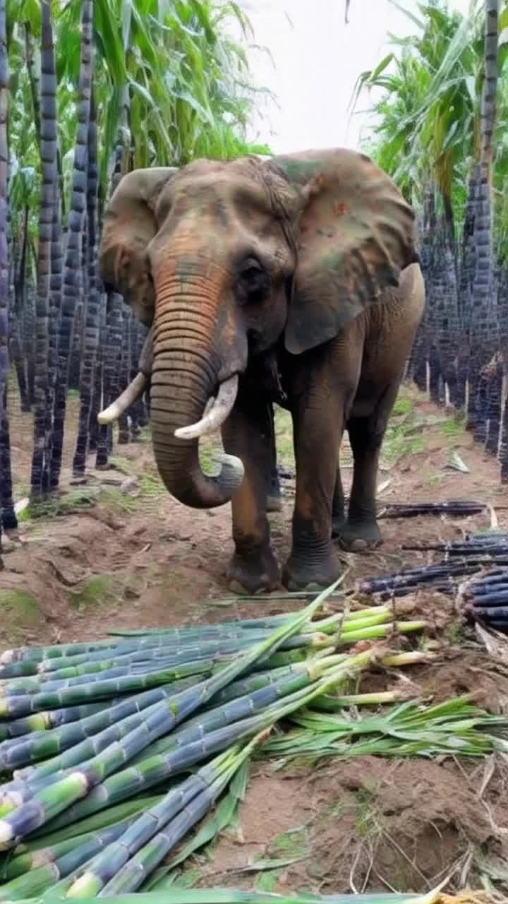 The elephant enters the sugarcane field and starts eating sugarcane rapidly with its trunk Broken stalks lie scattered The field looks slightly messyMood Chaotic but natural