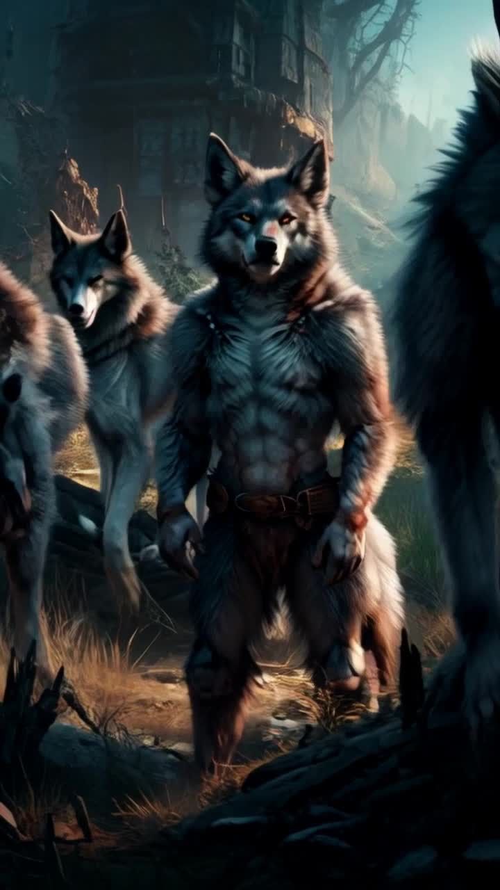 Hybrid boy Bruno stands alert amidst a desolate overgrown landscape littered with remnants of civilization Shifting gracefully revealing powerful limbs cloaked in thick gray and brown fur A piercing gaze of bright amber eyes radiates innocence and ferocity as a gentle breeze stirs the pronounced fur around his ears He inhales deeply showcasing sharp wolflike instincts while his unique visage blends human features with a pronounced snout Shadows of other wolf hybrids linger nearby each sporting distinct patterns of fur Their presence fosters a palpable bond of community infusing the air with urgency and resilience within a haunting postapocalyptic wilderness