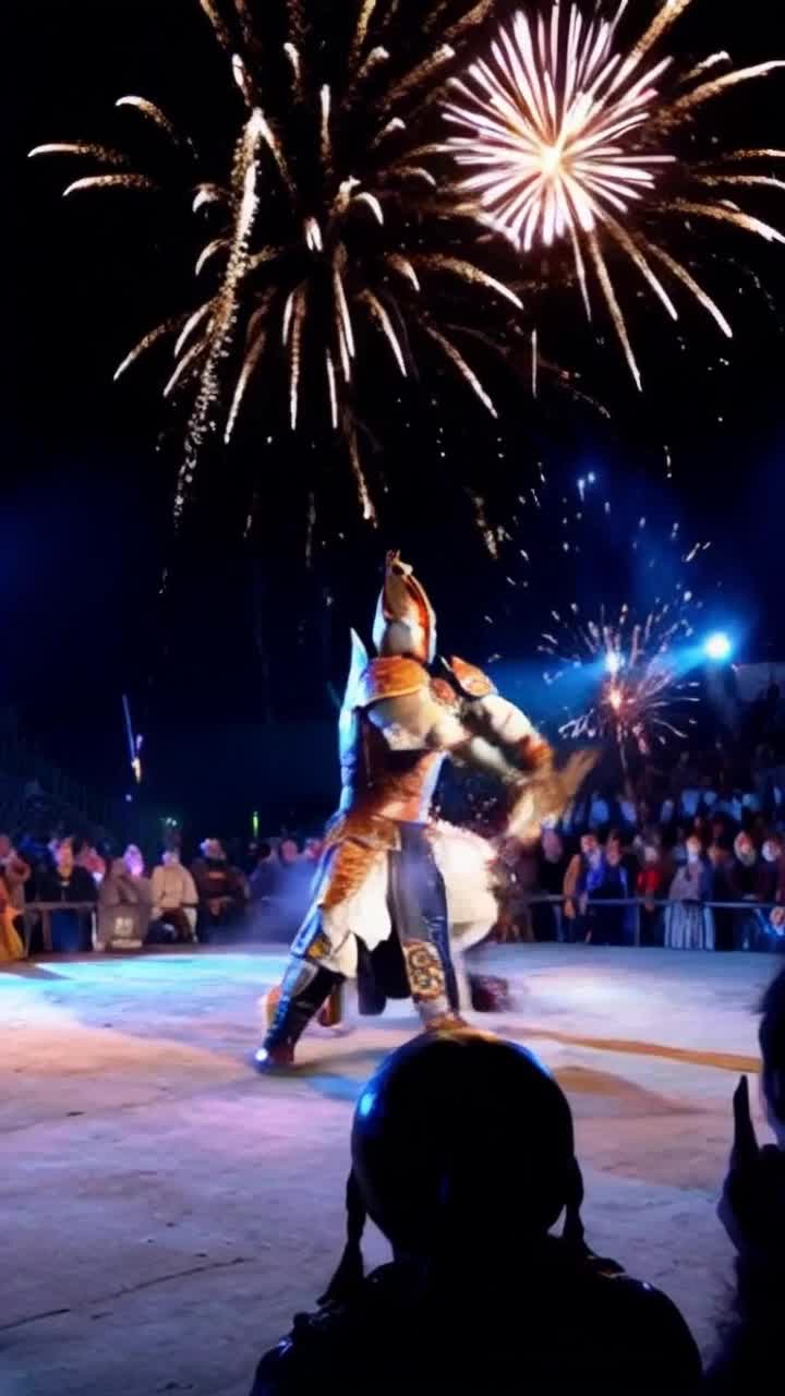 Chosen warrior dressed in ornate armor unleashes powerful martial arts strikes with fluid movements sending shockwaves that ripple through the air vibrant iridescent bursts explode around like dazzling fireworks illuminating a moonlit arena shadows dance across the ground echoes of strikes resonate with intensity an audience of mystical creatures watches in awe vibrant energy crackles in the atmosphere as the warrior performs each intricate maneuver surrounded by a cascade of glowing colors creating a spectacle of strength and beauty