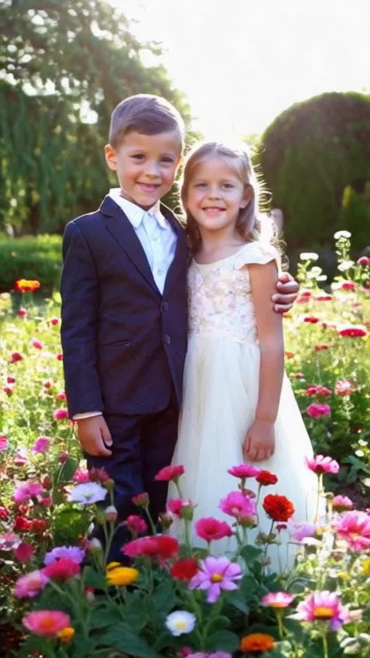 Charming boy with striking features stands beside enchanting girl radiating elegance Soft smiles exchanged between them as they laugh together Vibrant garden teeming with colorful flowers sunlight filtering through lush green leaves butterflies fluttering around creating a magical atmosphere