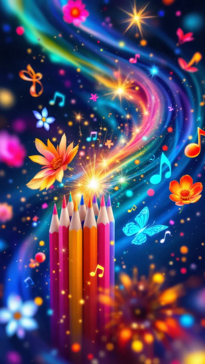 Colorful pencils of varying sizes twist and swirl in a vibrant kaleidoscope of shapes Sparks of light erupt as they morph into fantastical objects such as flowers butterflies and musical notes Whirling in a pulsating rhythm against a backdrop of swirling cosmic patterns and vivid colors Creating a mesmerizing scene where each transformation flows seamlessly into the next Endless loops of creativity unfold captivating viewers in a psychedelic journey through imagination and innovation