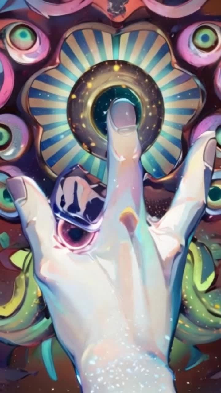 Art style of HR Giger Three fingered human hand delicately hovers over a shimmering array of translucent interfaces made up of pulsating Eye ball buttons embedded in a crystalline surface that blink and rotate their pupils frantically looking in all directions