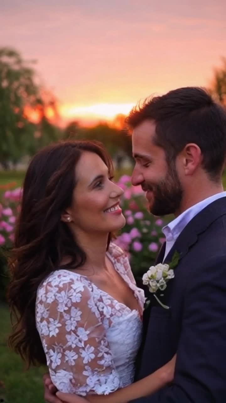 Couple holding hands gazing into each others eyes smiling joyfully spinning around each other under twinkling fairy lights immersed in a cozy park surrounded by blooming flowers a soft breeze rustling leaves creating a magical atmosphere at sunset with hues of orange and pink painting the sky