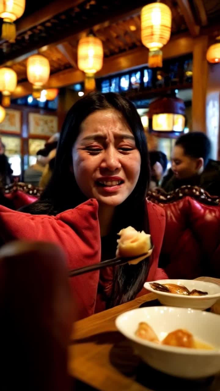 Japanese guy with expressive eyes tears streaming down her cheeks delicately grasping steaming dim sum with chopsticks savoring each bite savoring flavors bursting with nostalgia Inside a cozy bustling dim sum restaurant adorned with vibrant lanterns and intricate woodwork warm light casting gentle shadows on velvet cushions eager patrons chatting animatedly in the background