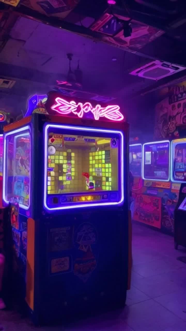 Colorful retro arcade cabinet glowing invitingly  PacMan character joyfully navigating vibrant mazes  Neon lights flickering over pixelated ghosts chasing joyously  Soundtrack of nostalgic beeps and boops filling the room   Players laughing and cheering in a bustling game room  Brightly colored joystick vibrating with excitement  Posters of classic arcade games surrounding the scene  Smoky atmosphere evoking memories of simpler times  