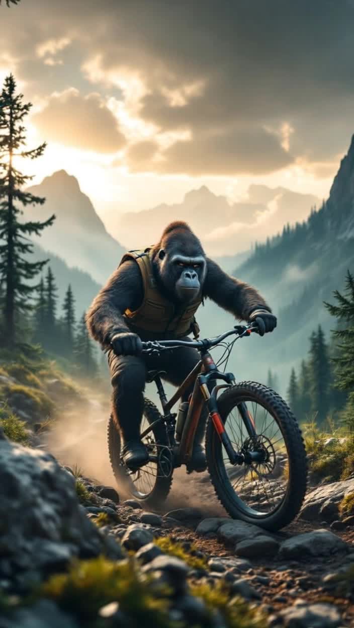 Gorillla Riding down the mountain on a serious bike happy mountain biker 