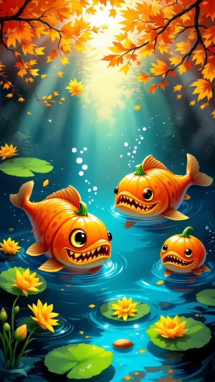 Miniature plump pumpkin piranhas with big , sharp  chomping piranha teeth, vivid orange pumpkin patterns and green stems on heads swim playfully in a crystal clear pond Their sharp teeth glisten as they dart back and forth, creating ripples in the water Lush green lily pads float nearby, adorned with bright yellow flowers, while sunlight filters through the canopy of vibrant autumn leaves above Wisps of mist rise from the surface, casting a magical aura over this whimsical underwater world