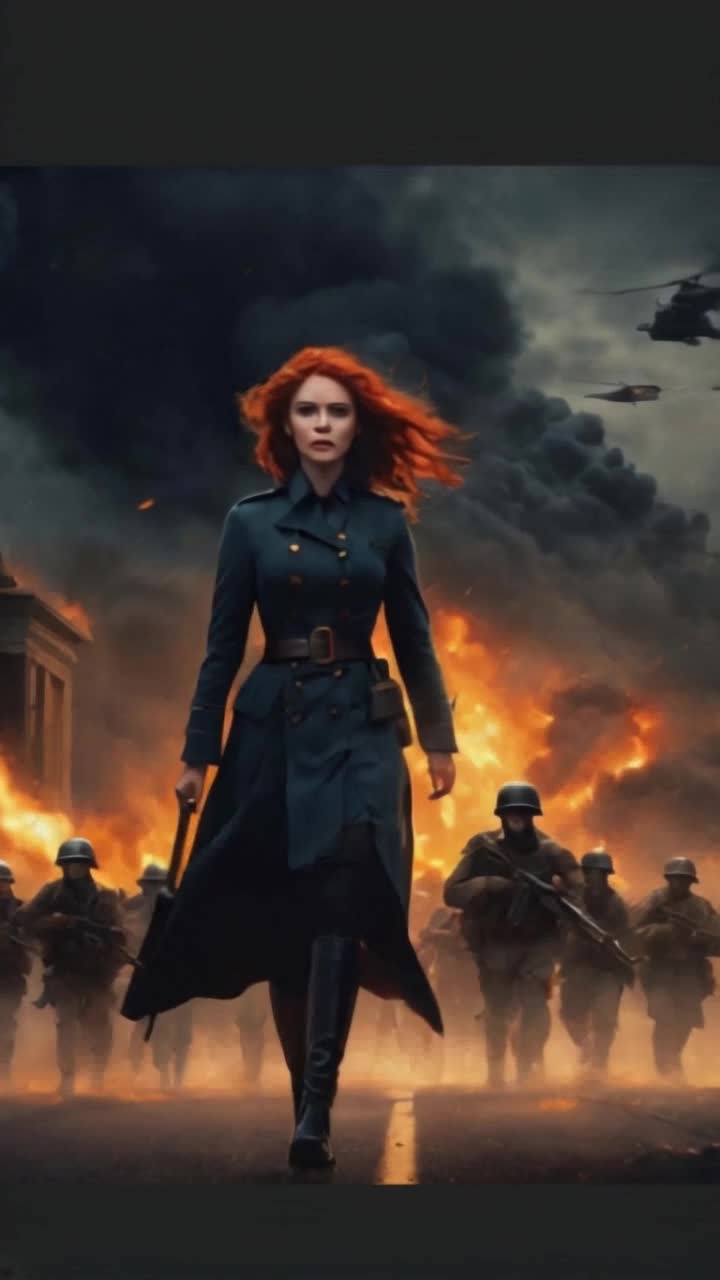 A beautiful red head woman, marching crying, soldiers around her march with fire and bombs burning all in the background 