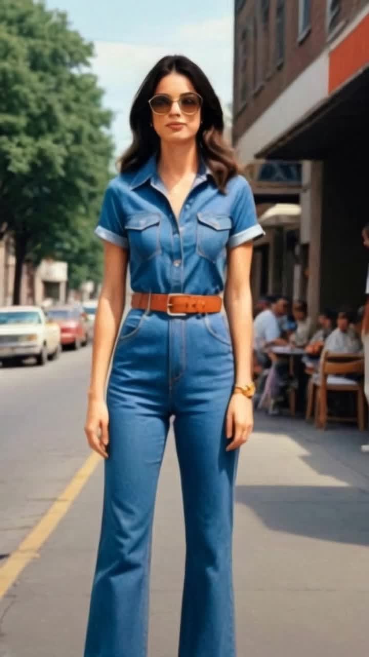 Elegant woman radiating confidence with flowing dark hair glistening in sunlight strolling gracefully down a vibrant city street Her stylish blue jeans jumpsuit accentuates her chic silhouette while she glances around with curiosity Bustling urban environment surrounds her with colorful storefronts and intricate architecture, the warm glow of afternoon light casting playful shadows on the pavement Soft sounds of distant laughter and honking horns create a lively atmosphere, inviting the viewer into her fashionable world where every step is filled with poise and allure
