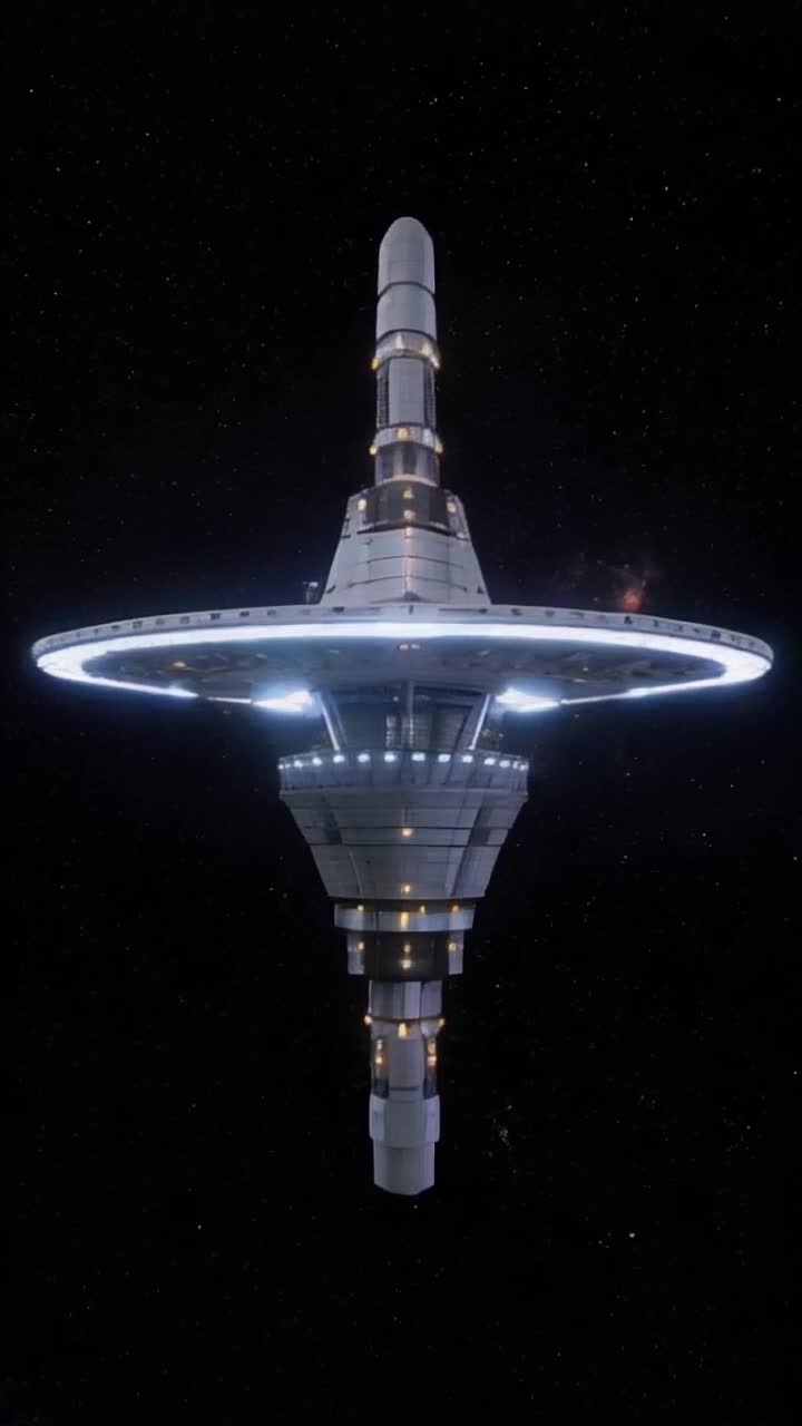 A gigantic space station in deep space, barbell shaped with a narrow core and top and bottom symmetrical saucer sections, brightly lit light grey and white super futuristic infrastructure across its smooth sleek surface, designed to garrison one billion space marines, in the galactic void with distant star clusters and nebulas faintly visible in the background