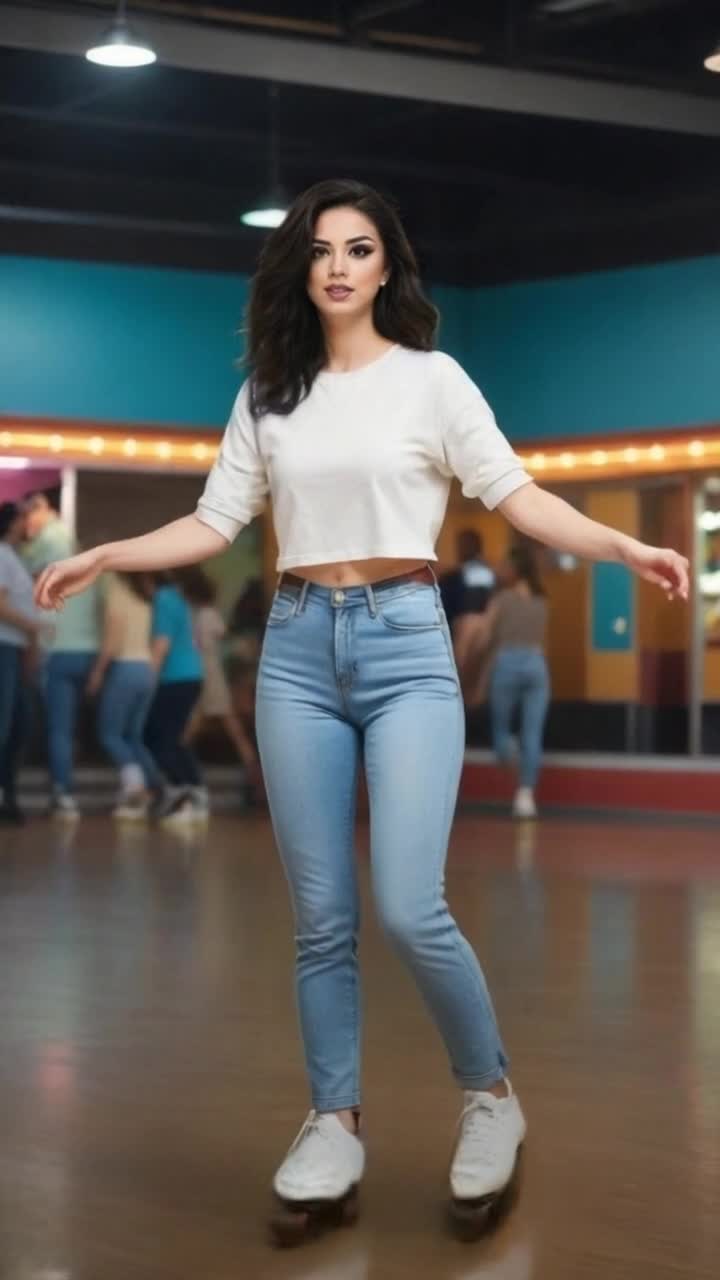 Graceful woman twirls effortlessly on roller skates shimmering in vibrant colors as she glides across polished wooden floors Radiant lights dance overhead casting playful shadows while disco balls spin reflecting bursts of color around the energetic crowd Laughter and music fill the air amplifying an atmosphere of joy as she performs smooth spins and stylish moves with poise and elegance