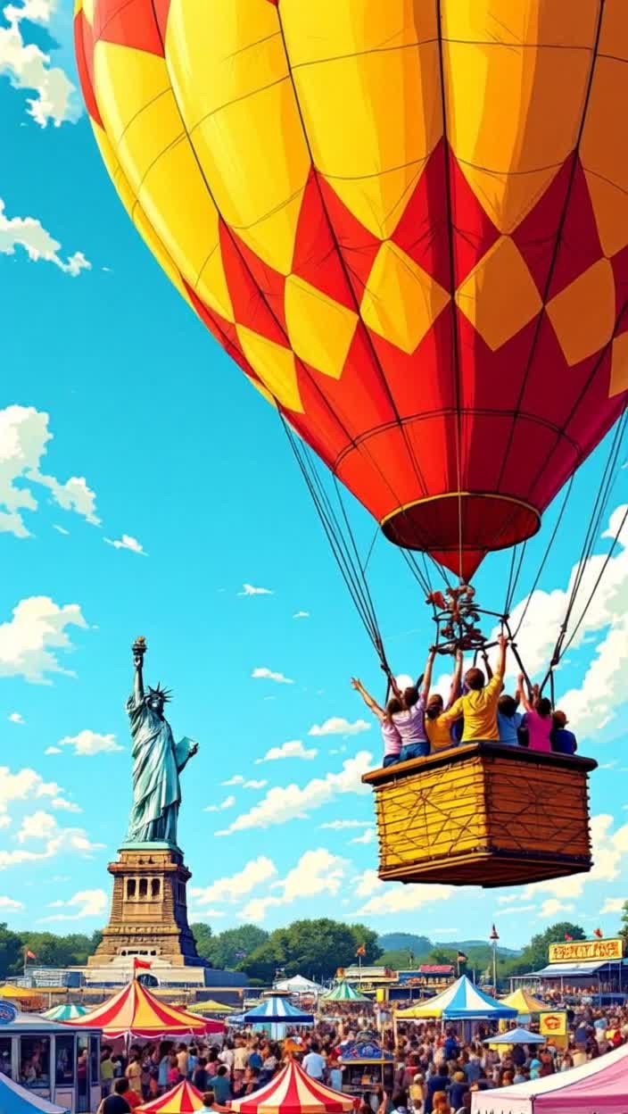 County fairgrounds balloon rides past statue of Liberty, bright blue sky, vibrant colors, people in the basket under the balloon point excitedly at the statue