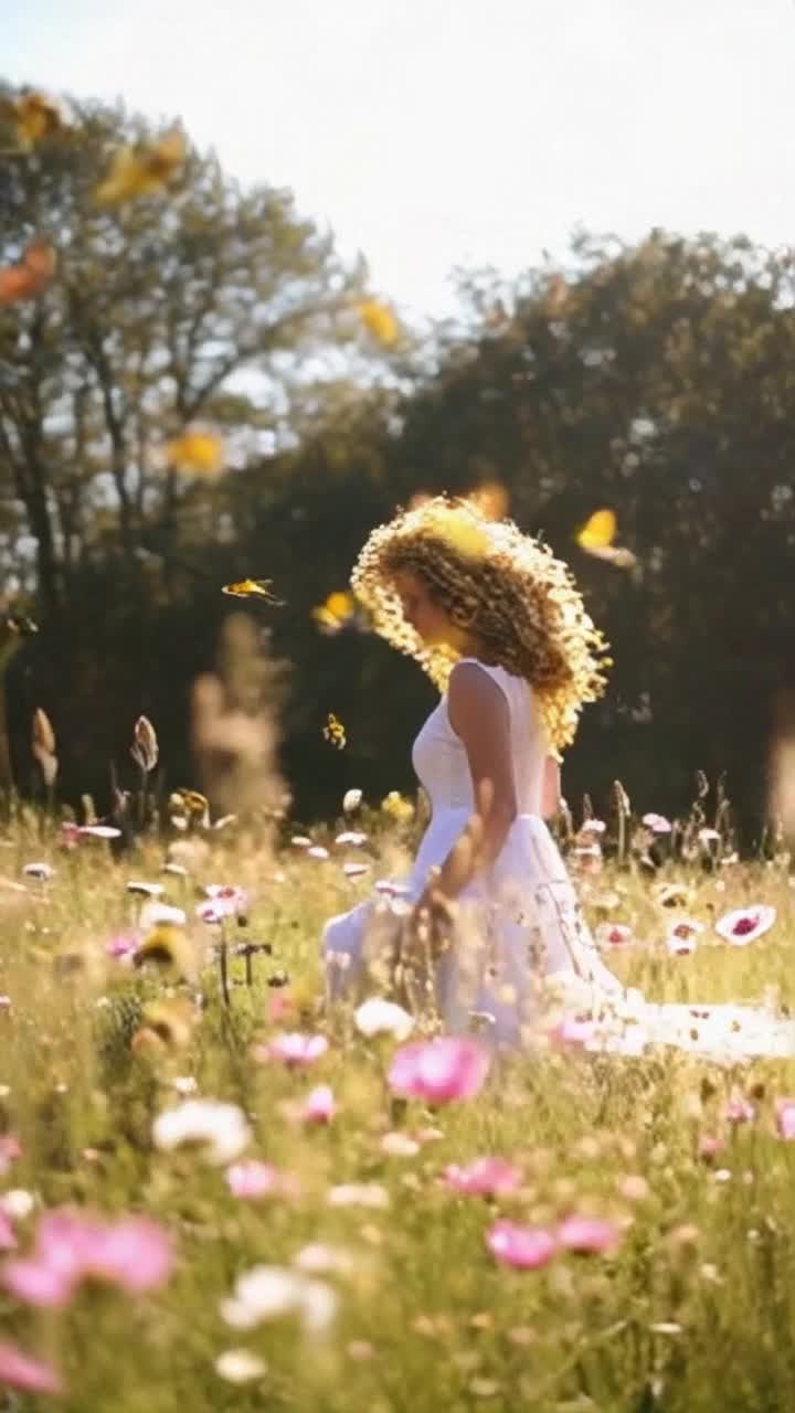 An enchanting woman with a swarm of bees instead of hair, resembling golden curls, radiating beauty and charm, glides gracefully across a sunny meadow where flowers sway in the gentle breeze and bees buzz quietly, creating a symphony of nature Bright colors envelop her ethereal presence, and playful butterflies dance around her, emphasizing the magic of the moment The flickering sunlight penetrates through the trees, illuminating this surreal scene with a warm glow