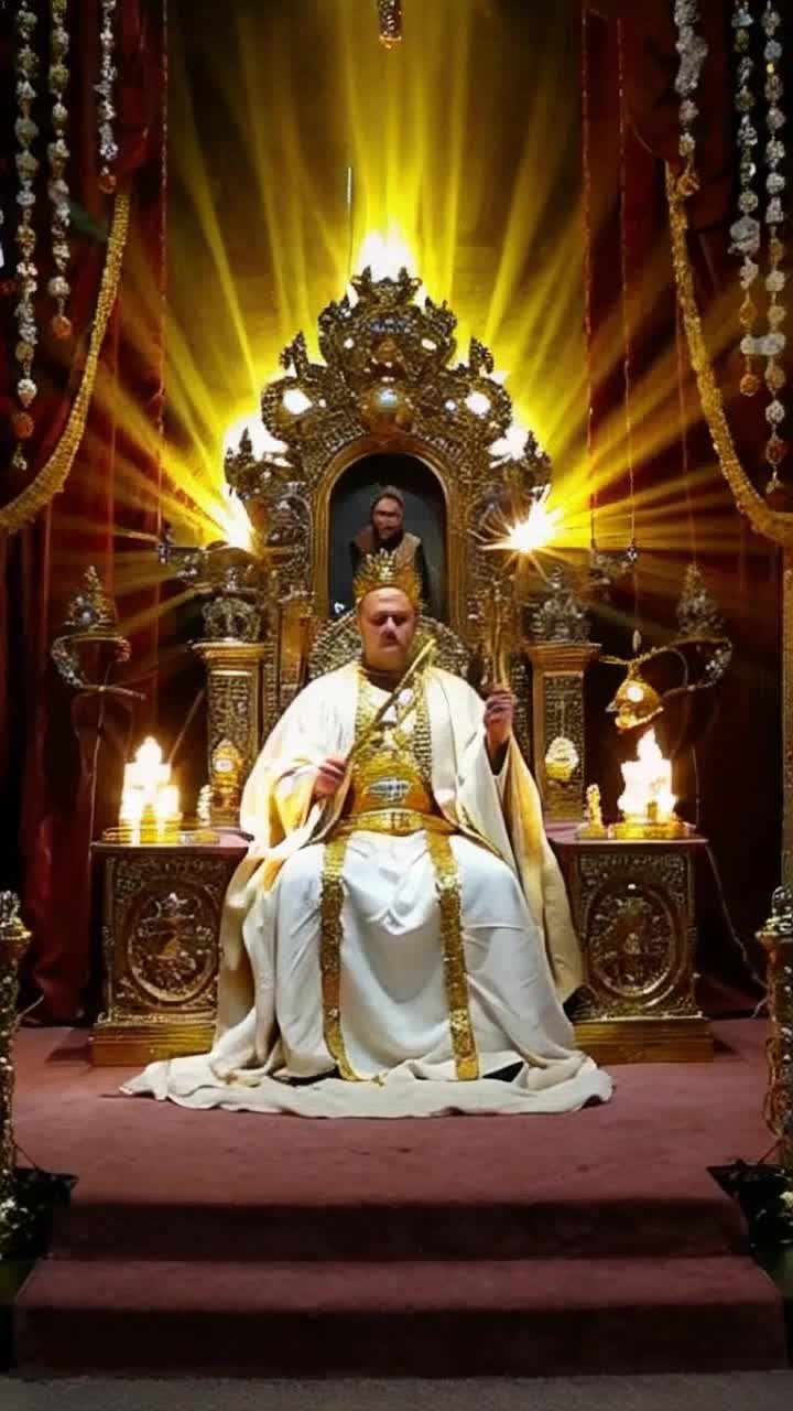 The Father sitting high above on a throne made up out of the most precious gems  The fathers face shines so brightly with golden light that it cannot be seen  The Father wears a gold crown  At the right of the Father is the Son ,Jesus Christ  He is wearing a white and golden robe and his scars are visible  He holds the scepter of Judgement The Holy Spirit radiates golden light and is a dove holding an olive branch