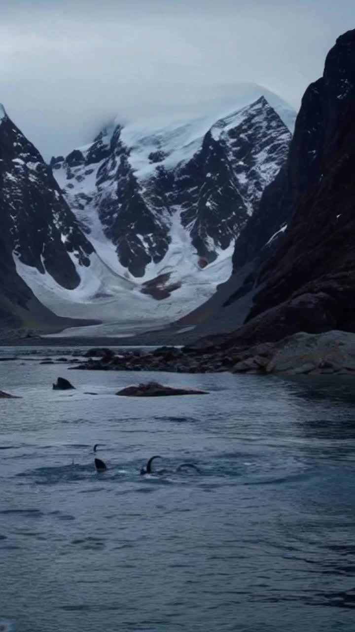 Realistic Eldritch creatures stretching writhing tentacles from Antarctic waters with towering black snow covered mountain peaks  glimpse of Cthulhu 