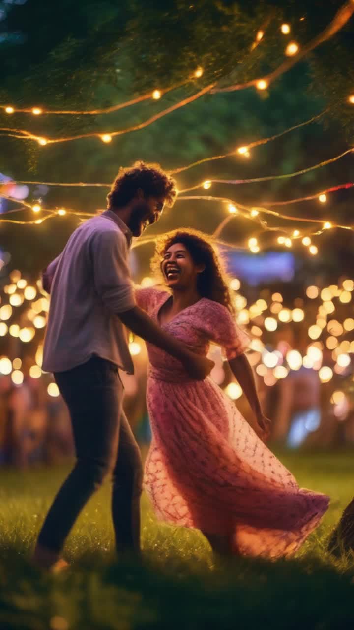 Two joyful figures twirling harmoniously under a canopy of colorful fairy lights Radiant smiles illuminating their faces as they embrace tightly spinning gracefully in a rhythmic flow of music Lush green grass beneath their feet glows softly in the twilight breeze while nearby trees sway gently creating a magical atmosphere filled with laughter and warmth