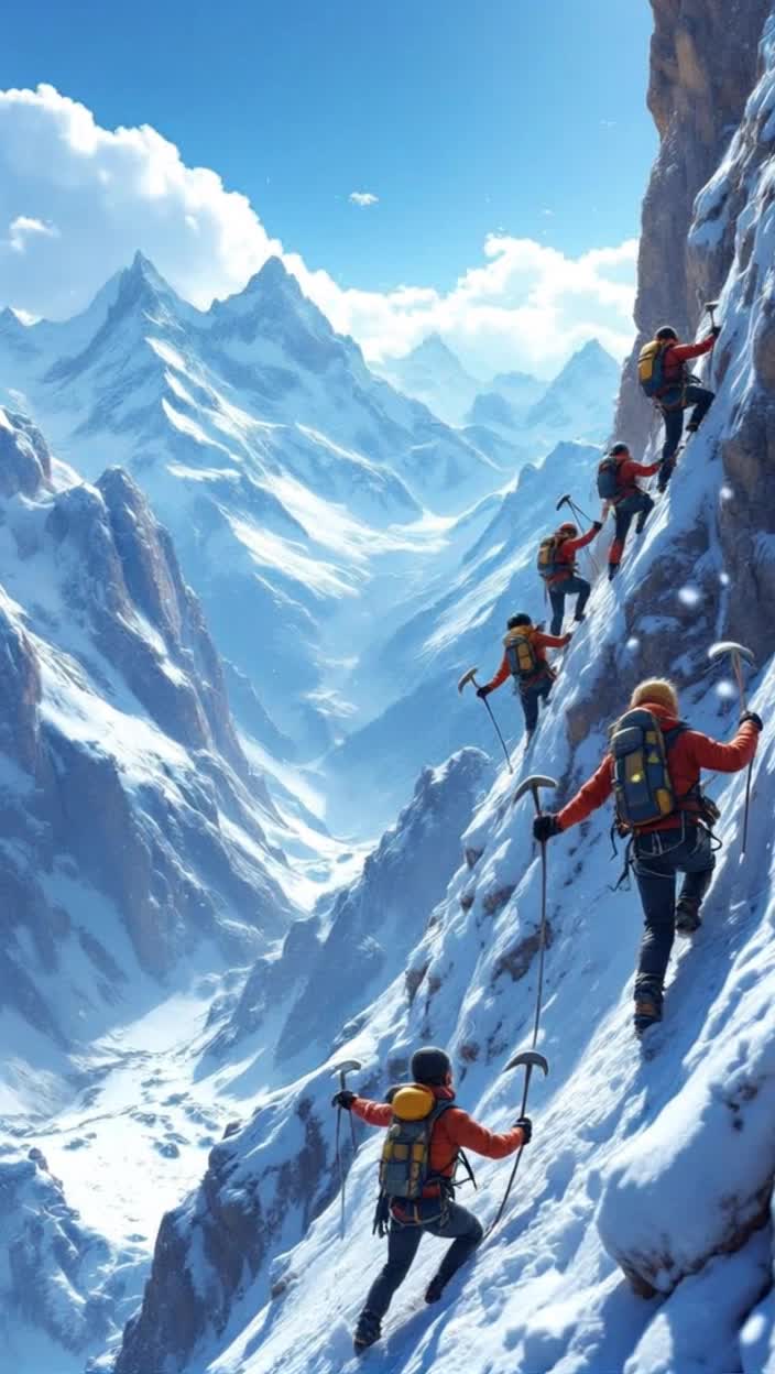 A team of four adventurous climbers gripping sharp ice axes ascending a steep rocky cliff side, hearts racing with adrenaline, muscles straining against gravity, snowflakes swirling in the cold mountain air, vibrant blue sky above, jagged peaks piercing the horizon, breathtaking views of vast valleys below, rugged terrain glistening under the sun, echoing sounds of wind whistling through the canyons, sheer drops on either side creating a thrilling sense of danger, determination etched on their faces as they conquer natures challenges, highaltitude adventure unfolding in stunning isolation