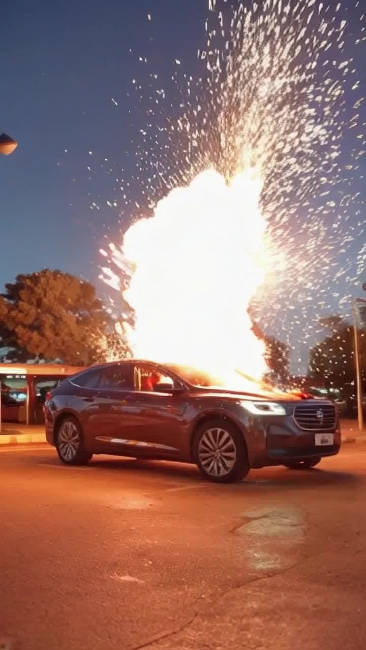The worst president in US history steps into an electric car that promptly explodes into a fiery inferno sending shrapnel and sparks in all directions, located on a Taco restaurant parking lot,