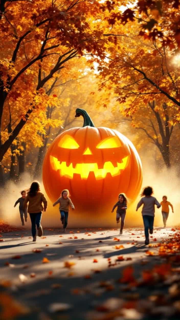 Massive glowing orange pumpkin with expressive carved face rapidly rolling after a group of joyful children laughter erupting from their small playful bodies darting away Down an autumnhued treelined street lined with colorful fallen leaves swirling in crisp air as sunlight filters through branches casting dancing shadows on pavement