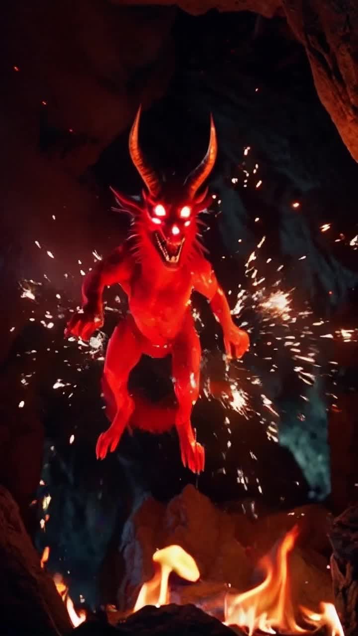 ThiefA fierce red devil with glowing eyes and sharp horns emerges from swirling dark smoke Masterfully twisting in the air surrounding it crackling with bursts of fiery sparks Deep underground cavern illuminated by flickering flames reflecting off jagged rocks creating an ominous glow