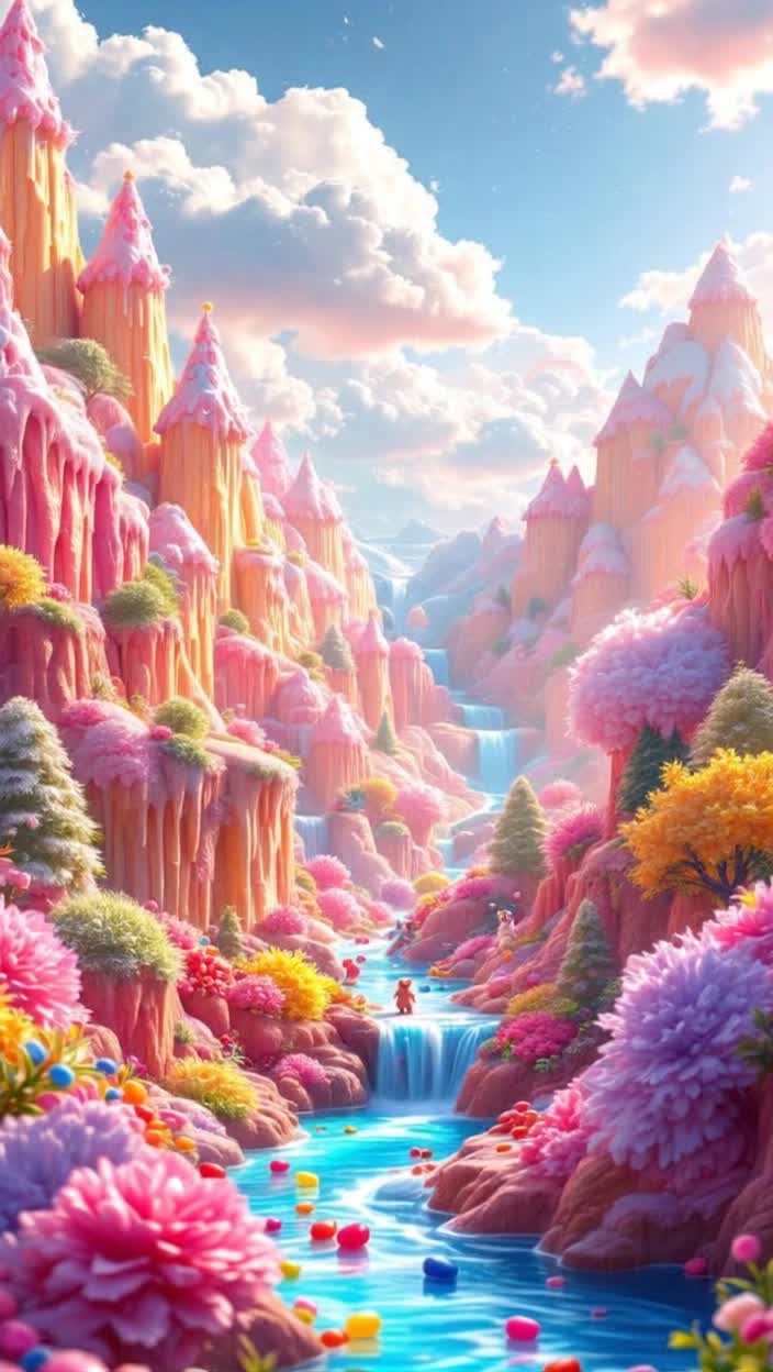 Vibrant candy landscape with towering mountains made of sugary confections cascading colorful waterfalls of syrupy sweetness Characters made of jelly beans exploring licorice forests Delightful creatures like gummy bears and chocolate bunnies frolicking playfully Fluffy cotton candy clouds floating softly below Bright sunshine illuminating the scene creating a whimsical atmosphere Silvery rainbow arcs connecting candy peaks Enchanted melodies of laughter echoing through the air as everyone indulges in their fantastical surroundings