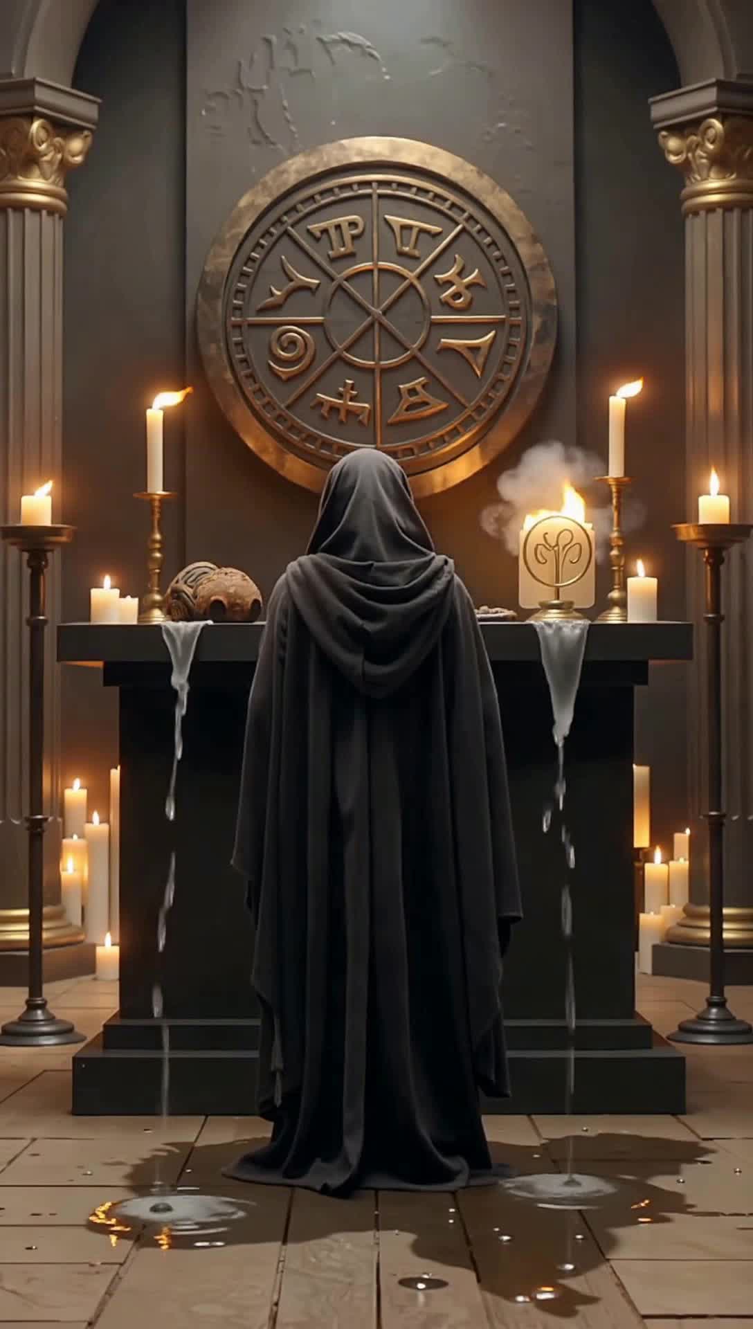 A dark ceremonial setting lit by candles and smoke A lone figure stands before a black altar, water dripping in reverse as if reclaiming what was once given Symbols of faith burn away, replaced by sigils of personal power The atmosphere feels heavy yet liberating  a visual rebirth through defiance The figure raises their head, light breaking through the shadows, symbolizing freedom from imposed belief and the reclaiming of ones own soul