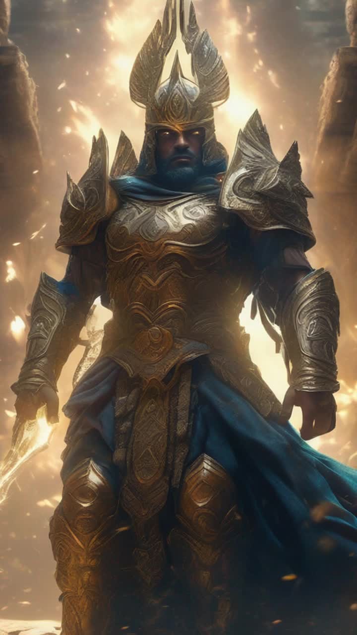 Warrior clad in gleaming armor surrounded by a dark menacing horde of swirling shadows feeling a powerful surge flooding through him eyes glowing with radiant light Channeling divine energy from celestial realms illuminating his pineal gland transforming the battlefield into a vibrant tapestry of light and shadow as ethereal energies swirl around him ancient ruins bathed in a mystical glow resonate with his newfound strength