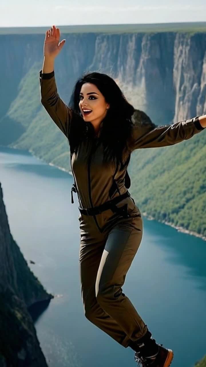 Graceful athletic woman soaring between rugged cliffs with outstretched arms vibrant energy radiating from her leaps sparkling water cascading beneath her in a lush green valley sunlight filtering through trees illuminating her path soaring birds watching from above majestic mountains rising in the distance creating a breathtaking backdrop thrilling adventure unfolding in natures embrace