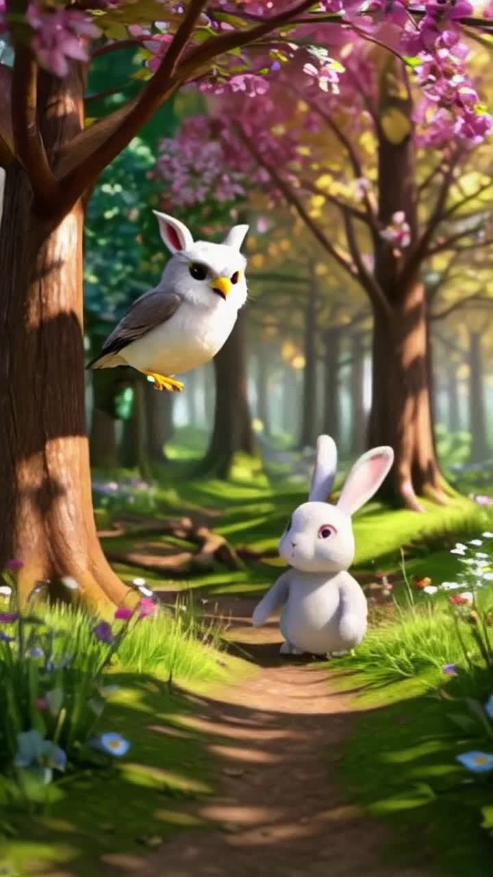 Colorful 3D animated forest filled with whimsical trees towering high plushy owl with intricate patterns on feathers perched on a branch timid plushy rabbit with big expressive eyes nestled in soft grass wise owl flaps wings gracefully hooting softly inspiring courage in timid rabbit vibrant sunlight filtering through leaves casting playful shadows on forest floor enchanting flowers swaying gently in a refreshing breeze gentle whispers of nature echoing around creating a magical atmosphere