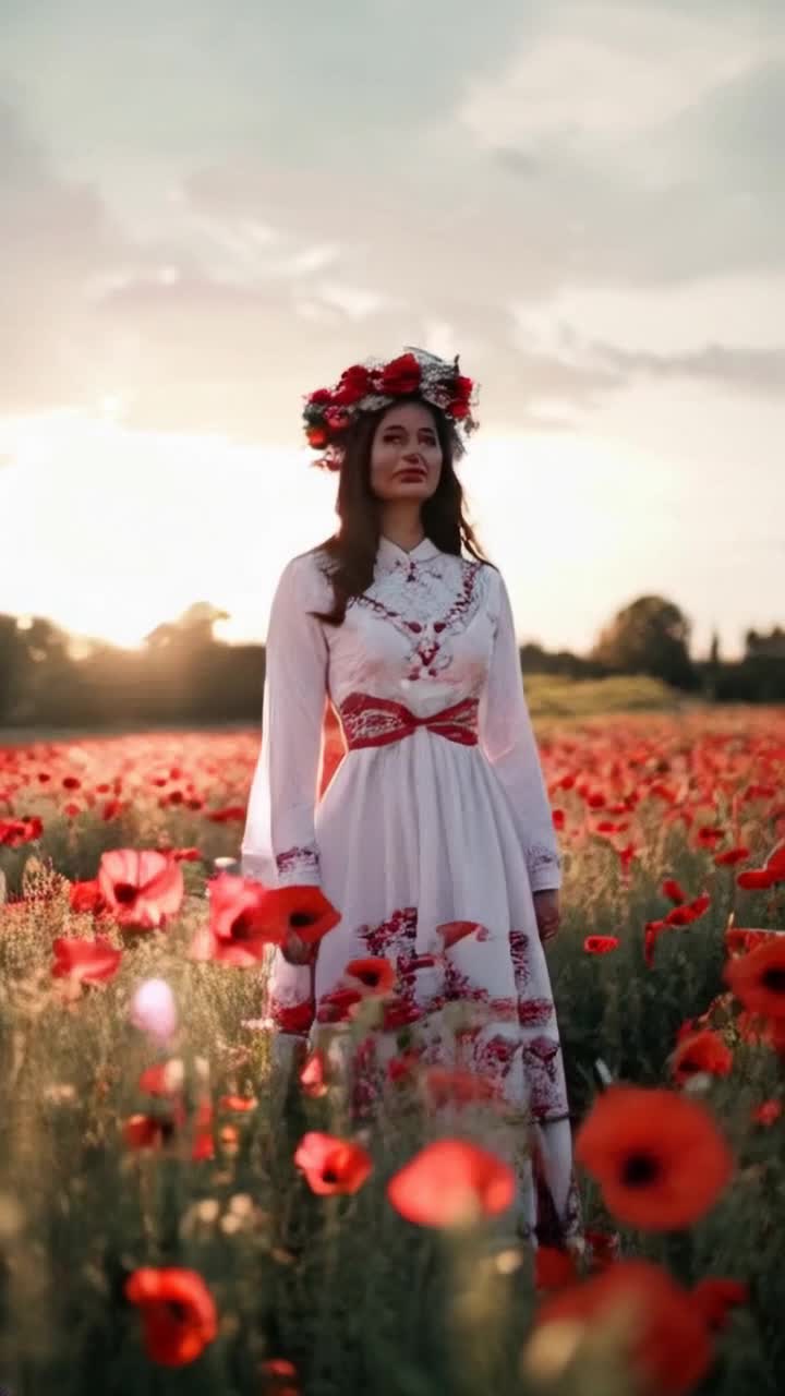 A proud  Ukrainian woman stands in a wide field of blooming red poppies at sunrise She wears a traditional white embroidered dress with intricate red and black patterns A vivid floral crown of poppies, cornflowers, and streaming ribbons rests on her head Her dark hair flows in the morning breeze, and a woven red sash is tied at her waist Soft goldenpink sunlight bathes the field, creating a warm, ethereal atmosphere Cinematic camera slowly pans upward from her waist to her face, revealing her serene and confident gaze into the distance Subtle lens flare glows behind her as the sun rises The mood is patriotic, timeless, and deeply rooted in Ukrainian heritage