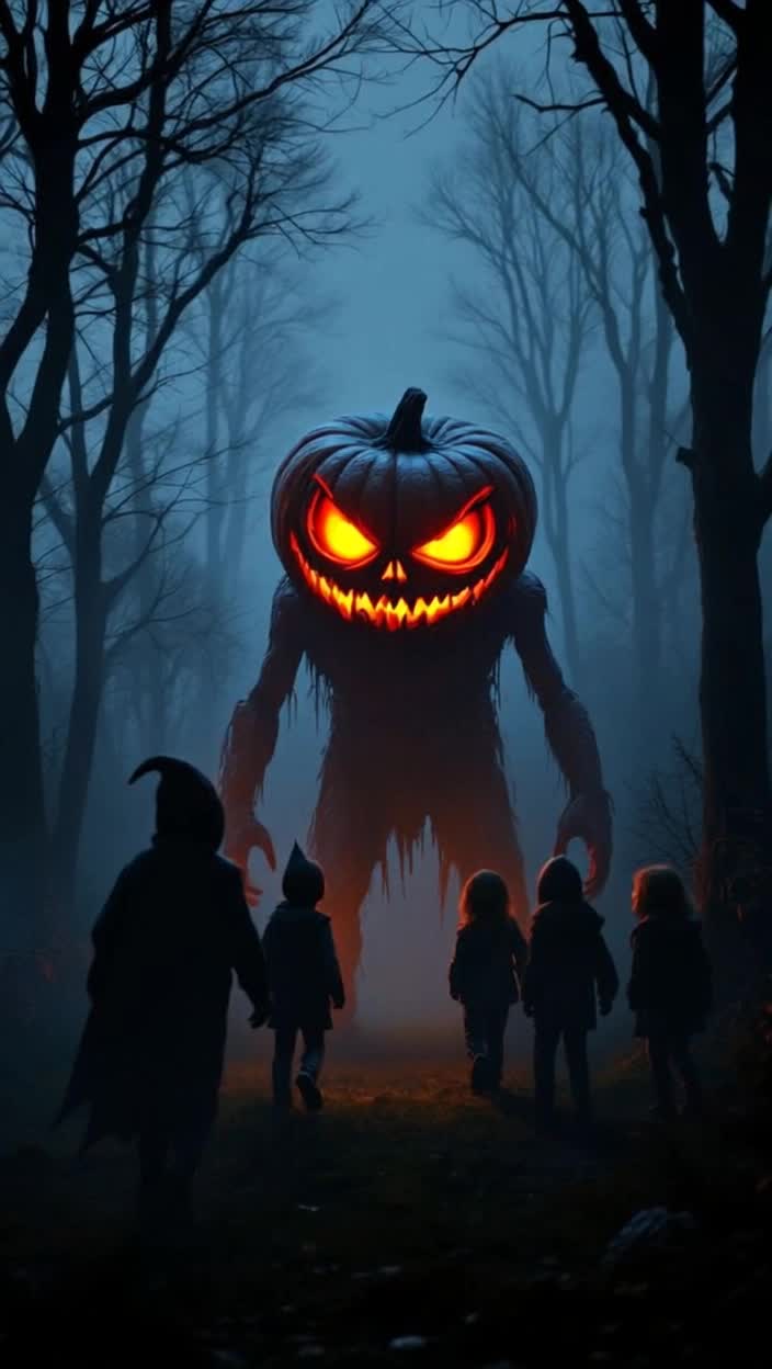the anthropomorphic jackolantern laughs at the scared trick or treaters who are backing away slowly
