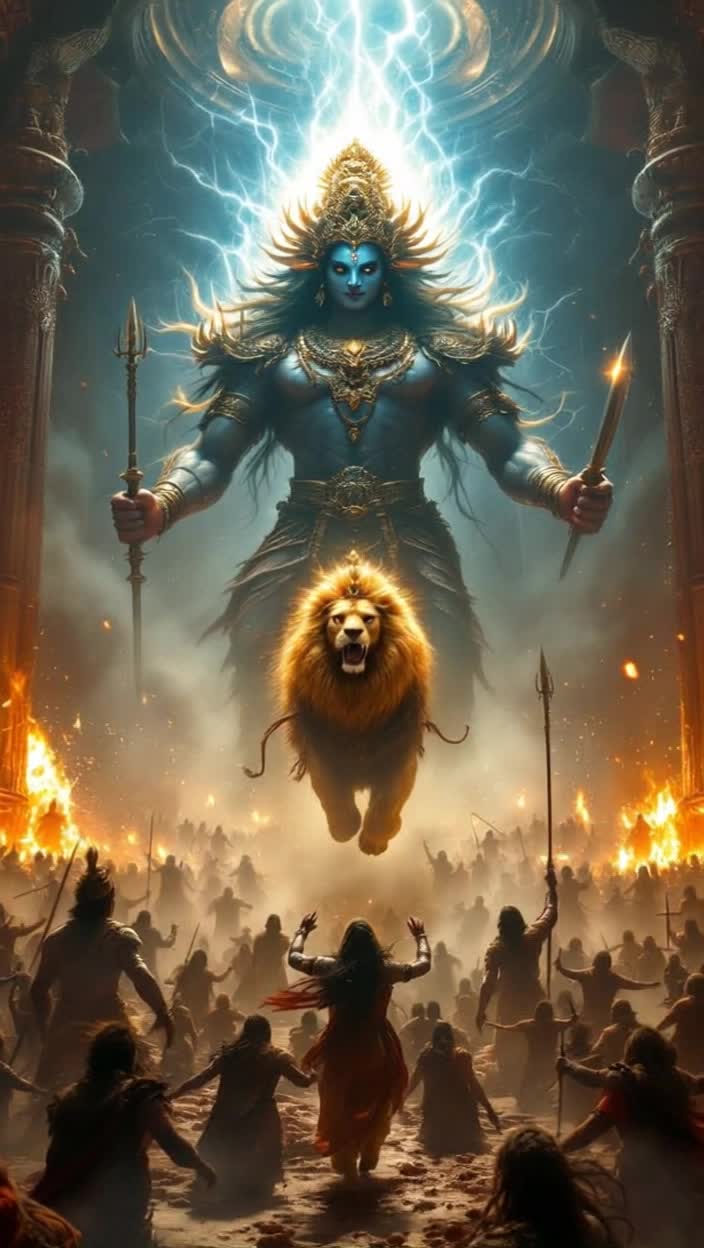 Mighty Mahishasura towering in a grand chaotic palace surrounded by trembling asura soldiers filled with fear Radiance of Goddess Katyayani arrives riding a majestic lion exuding divine calmness Wielding a shimmering trident and a sharp sword Shadows flicker as Mahishasura bellows with arrogance demanding to know her whereabouts While fierce winds and swirling dust envelop the battlefield thunderous challenges echo amidst clashing forces Lightning strikes illuminate the scene during their brutal duel as fireballs blast through the air Goddess Katyayanis eyes gleam with purpose as she declares his fate With a final sweeping strike