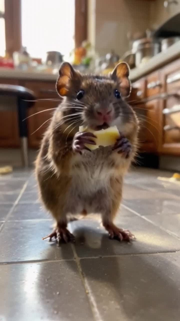 Small brown mouse with sparkling eyes clutches a golden hunk of gourmet cheese scampering across a vibrant kitchen floor showcasing its triumph journeying from shadows to sunlight overcoming challenges along the way Tiny paws move swiftly as delicate whiskers twitch in excitement Background filled with colorful kitchen utensils gleaming light reflecting off polished countertops hints of excitement in the air with warm inviting sunlight streaming through window casting playful shadows creating a lively atmosphere
