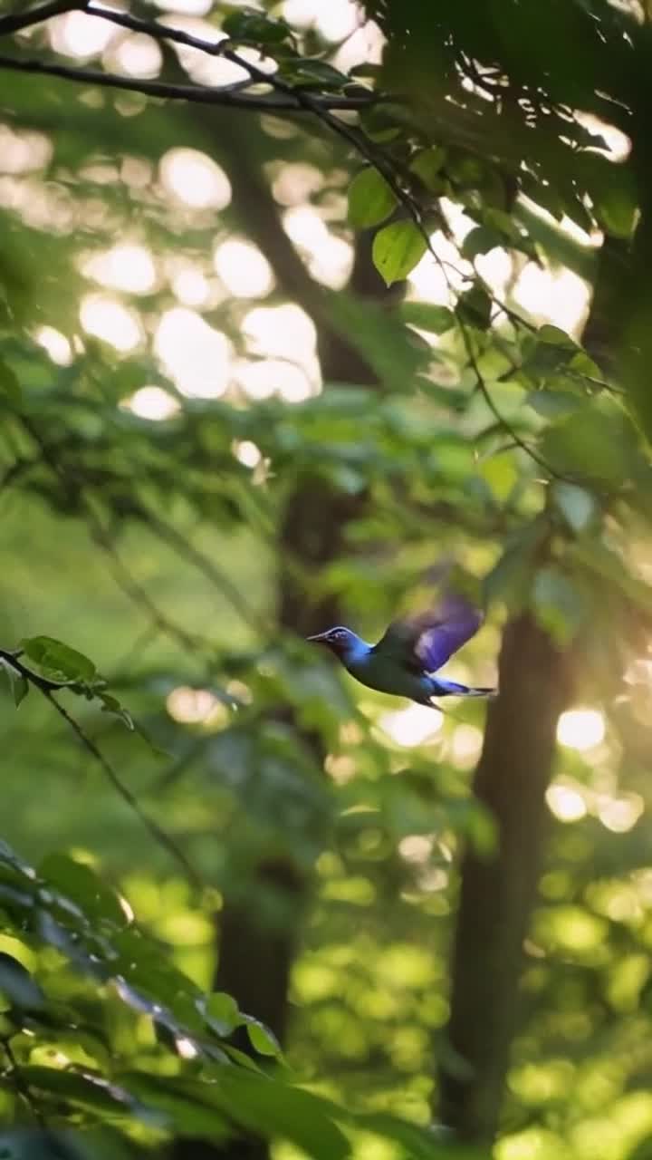 Vibrant bluebird fluttering gracefully through sunlightdappled forest canopy with delicate wings glinting in the warm glow of morning light surrounded by lush green leaves and a gentle breeze whispering through branches creating a serene, peaceful atmosphere with soft rustling sounds of nature and distant birdsong echoing through the trees