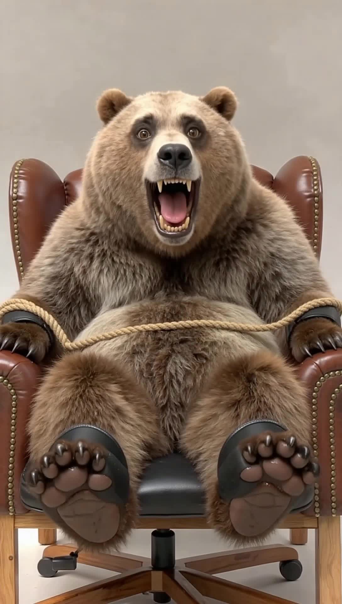 An insanely laughing Grizzly bear restrained on a recliner with his feet elevated on a footrest with his ankles secured in padded foot stocks showing off the soles of his big sweaty feet paws with toe claws 