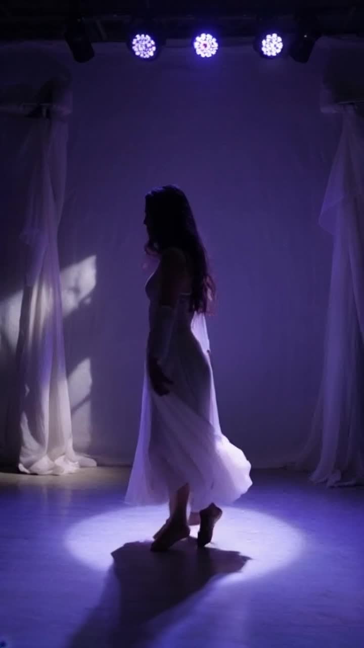 Brunette slender dancer twirls gracefully under soft golden lights, showcasing delicate movements that express freedom and elegance Her body flows like silk as she sways, captivating the viewer with each fluid motion Silhouetted against a backdrop of shimmering stars in a dimly lit studio, shadows dance along the walls, creating a dreamy ambiance Gentle music fills the air, adding rhythm to her enchanting performance, while soft fabrics ripple around her, accentuating her form A sense of intimacy envelops the scene, inviting exploration of beauty and artistry  