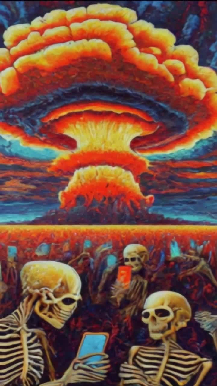 Skeletons looking down into their smartphones with a multicolored nuclear explosion detonating in the background with video game style special effects, 