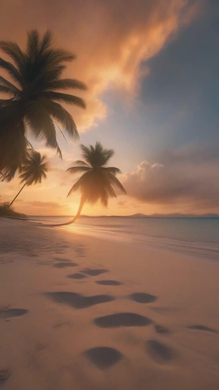 Sitting on the beach of the tropical island, you are sitting on the sand, and there is a long palm tree gently blowing in the breeze   It is at sunset, at golden hour and the sky has a few cirrus clouds and it is a stunning orage glow