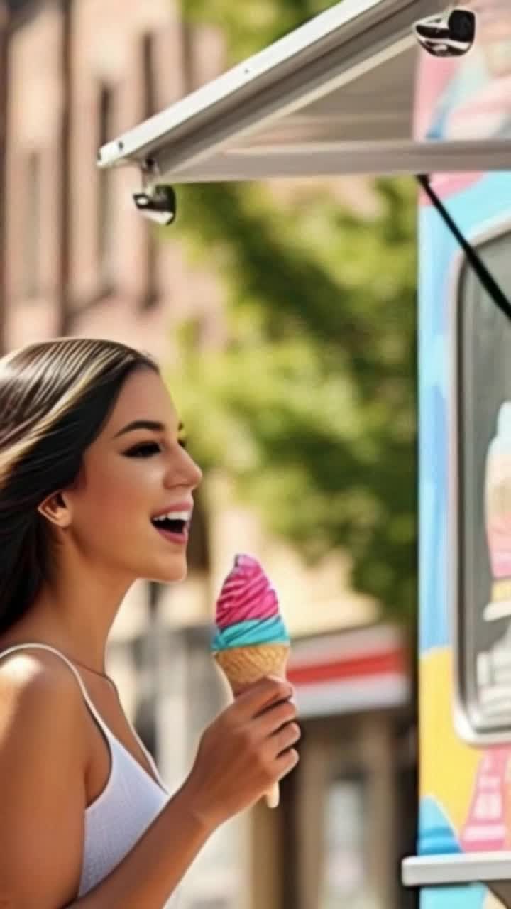 Stunning bohemian woman adorned in flowing fabrics vibrant patterns playfully cradling a colorful ice cream cone with a joyful smile radiating warmth twirling around as sunlight dances on her skin nestled beside a charming vintage ice cream truck painted in pastel hues surrounded by blooming wildflowers and soft green grass under a clear blue sky speckled with fluffy clouds capturing a carefree summer day sparkling with laughter and delight