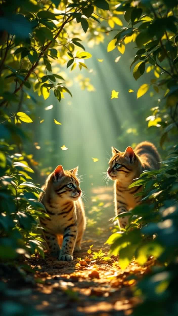 Majestic felines prowling gracefully through dense emerald foliage shimmering with vibrant colors Radiant beams of light slicing through canopy illuminating patches on soft earthy ground Leaves swirling wildly in a refreshing breeze creating a mesmerizing dance of shadows and light around agile hunters nestled within nature's embrace