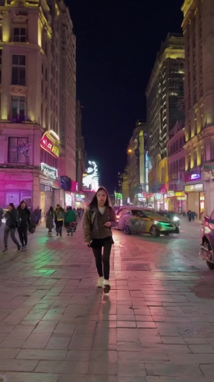 Young woman dashing through busy vibrant city streets determined expression fiery spirit alive with ambition neon lights flickering around her Heart racing driven by a powerful purpose City sounds buzzing horns laughter mingling with her footfalls tall buildings looming above casting shadows vibrant street art splashed on walls creating a dynamic backdrop
