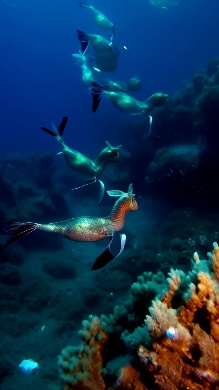 Irridescent seahorses in the deep sea