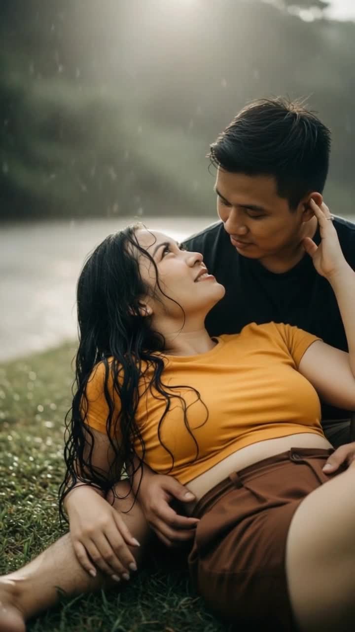 heavy rain, man hugging woman