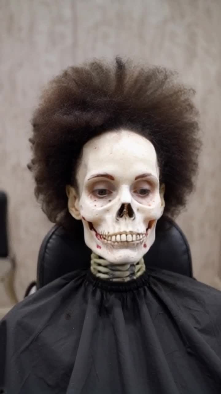Skeleton woman with beehive hair, seated in a salon chair 