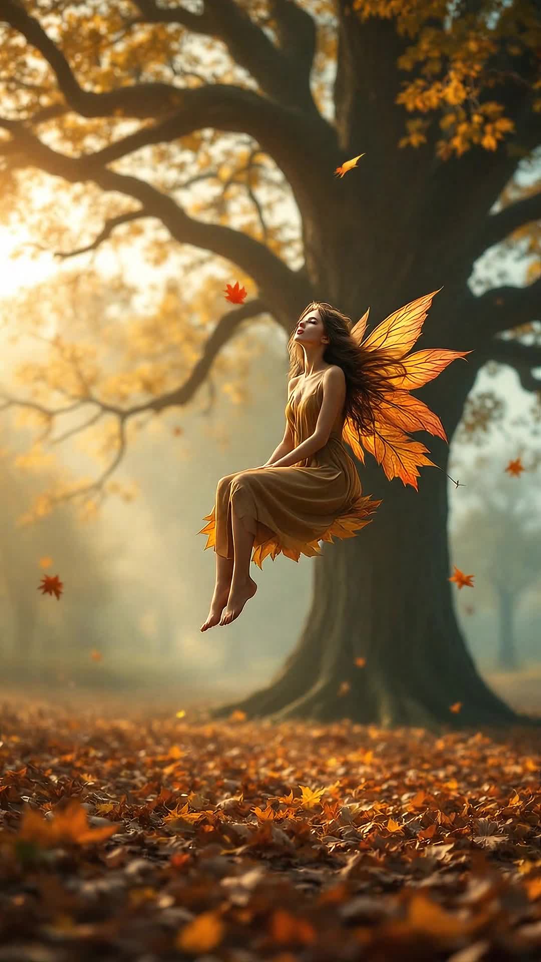 A fairy riding a multicolored leaf as it drifts down to the ground off a tall oak tree She sings a country song about the cold wind of autumn