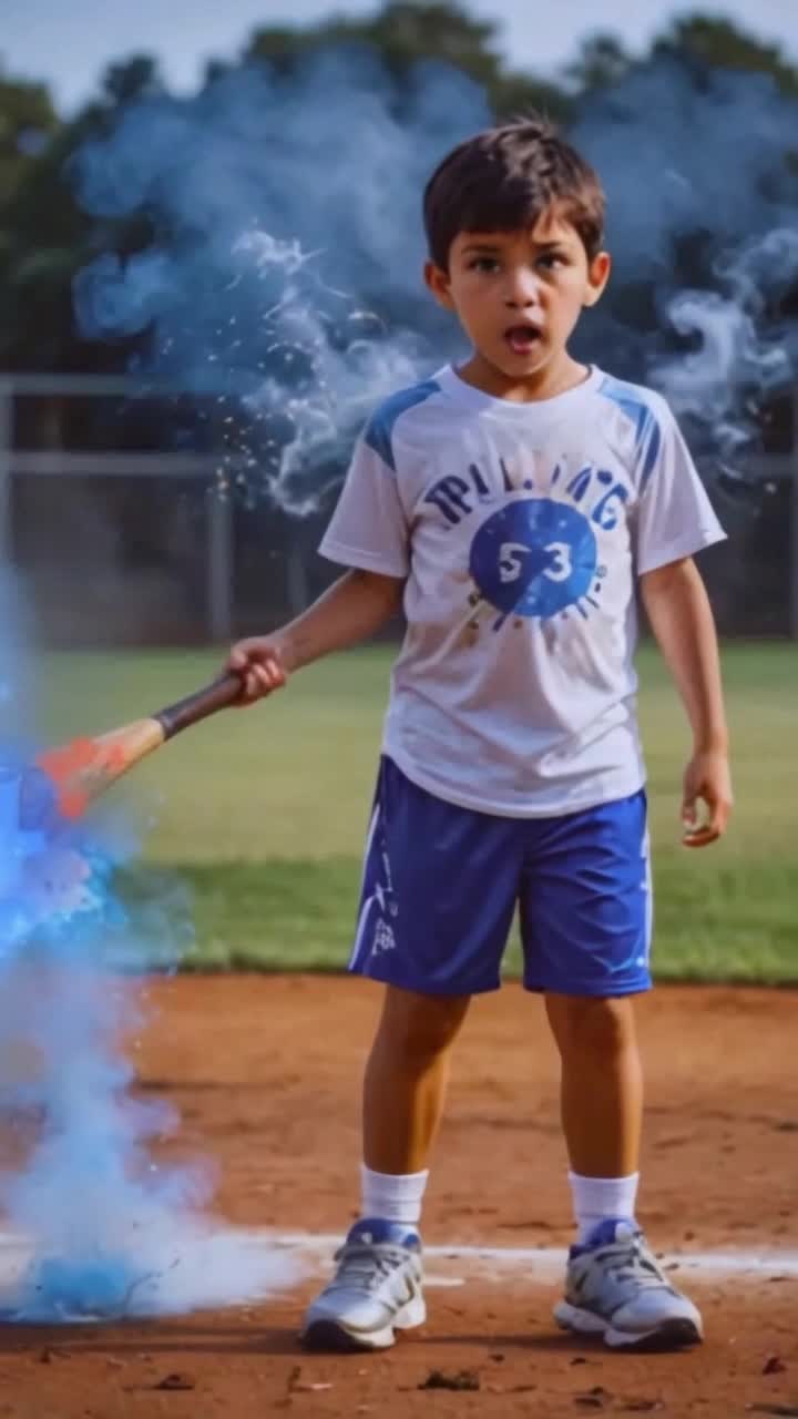 boy of EuroLatino descent, with short black hair, brown eyes, and wearing a pair of sleek running shoes, shorts, and a white and blue shirt Holding a sparking, splintered baseball bat, smoke emitting from the end, with glowing symbols Standing in the middle of a baseball field, giving a horrified expression, zooming out