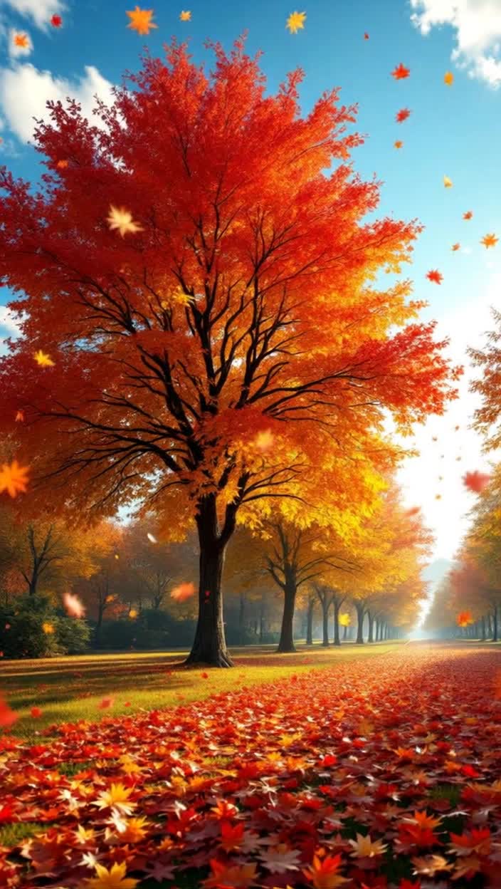 Vibrant maple trees bursting with hues of red gold and orange Soft breeze whispers through branches as leaves flutter down Scenic East Coast landscape under a brilliant blue sky Sunlight dances on the ground illuminating a tapestry of fallen leaves creating a magical autumn wonderland, the camera motion is as if a bird was the POV, trees are alive, they go for walk, spectacular animation sequences 
