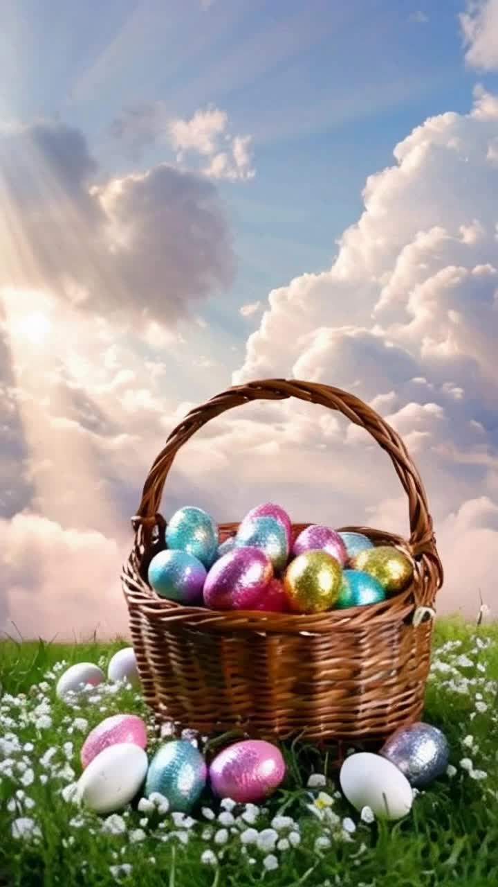 Vibrant shimmering Easter eggs scattered in a wicker basket nestled on soft green grass Energetic Easter bunny hopping playfully around the basket surrounded by blooming flowers Heavy pastel clouds drifting across a radiant blue sky with rays of sunshine illuminating the scene Whimsical text swirling into view that reads Happy Easter in cheerful colors