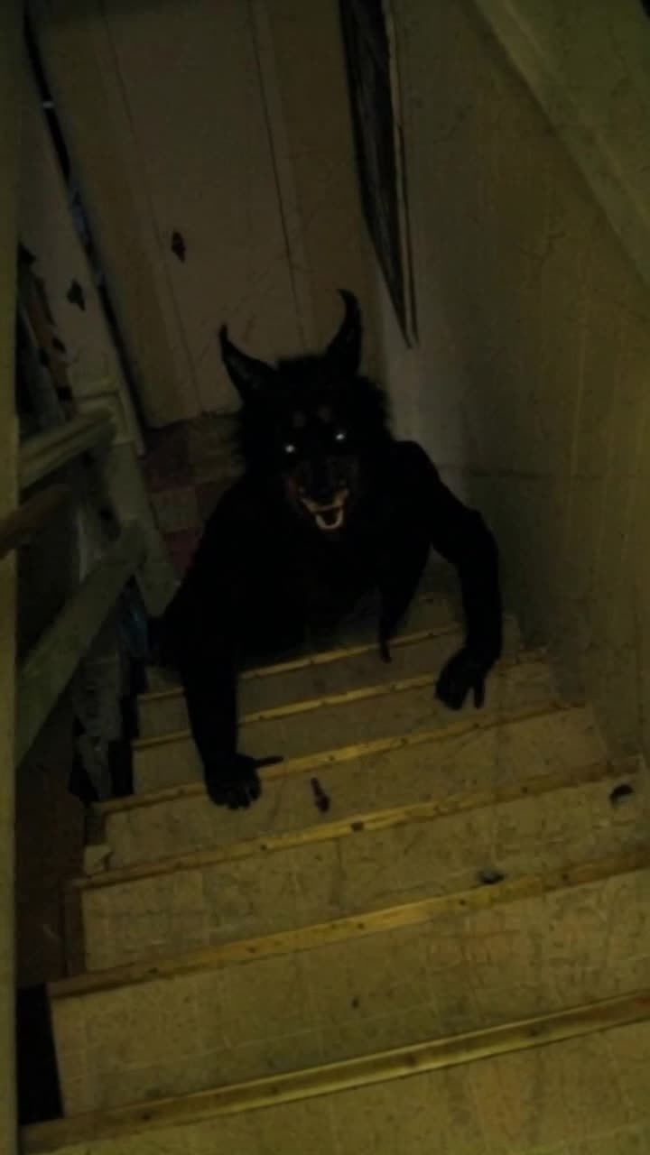 Imagine living inside a video game similar to Doom, a werewolf is climbing up the stairs in a menacing manner as a firstperson view futuristic laser rifle barrel is being pointed at the werewolf while discharging energy bolts at the werewolf